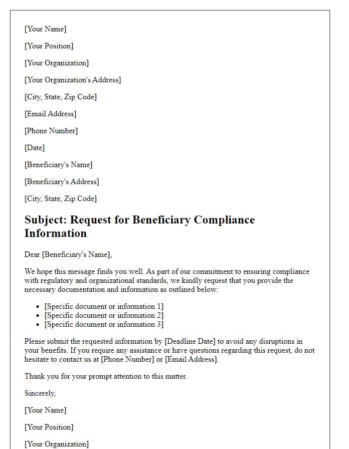 Letter template of beneficiary compliance information request.