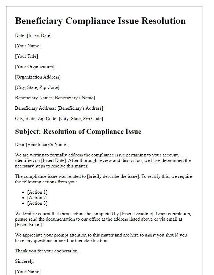 Letter template of beneficiary compliance issue resolution.