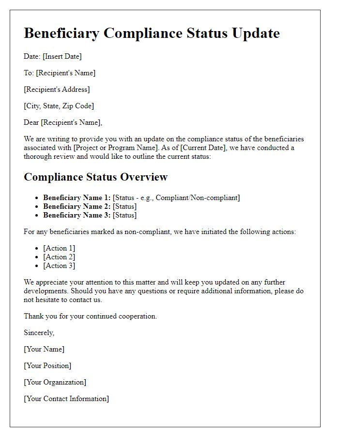 Letter template of beneficiary compliance status update.