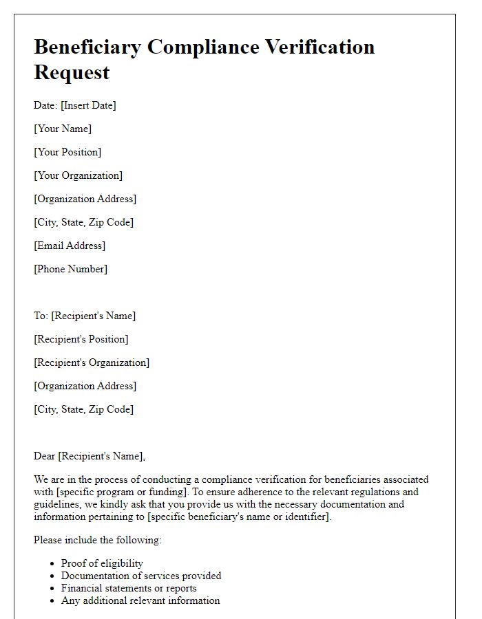 Letter template of beneficiary compliance verification request.