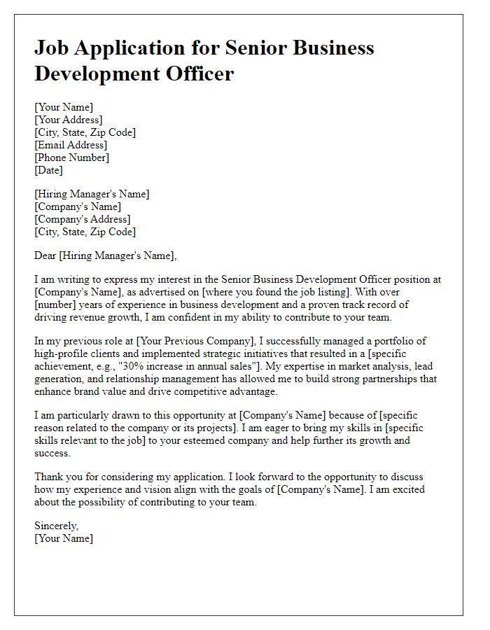 Letter template of senior business development officer job application cover letter