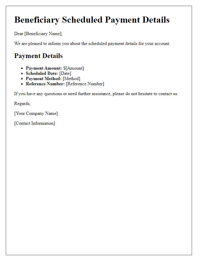 Letter template of beneficiary scheduled payment details