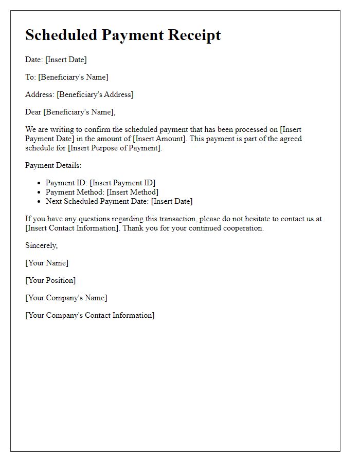 Letter template of beneficiary scheduled payment receipt