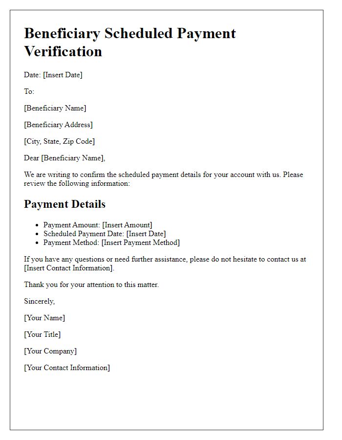 Letter template of beneficiary scheduled payment verification