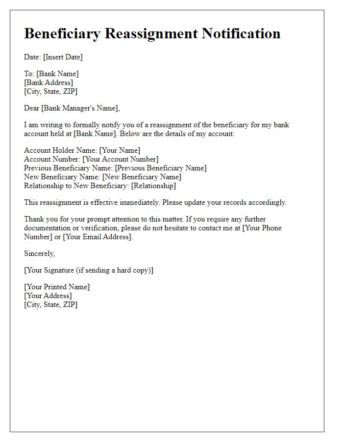 Letter template of beneficiary reassignment notification for bank accounts.