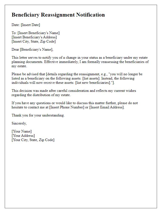 Letter template of beneficiary reassignment notification for estate planning purposes.