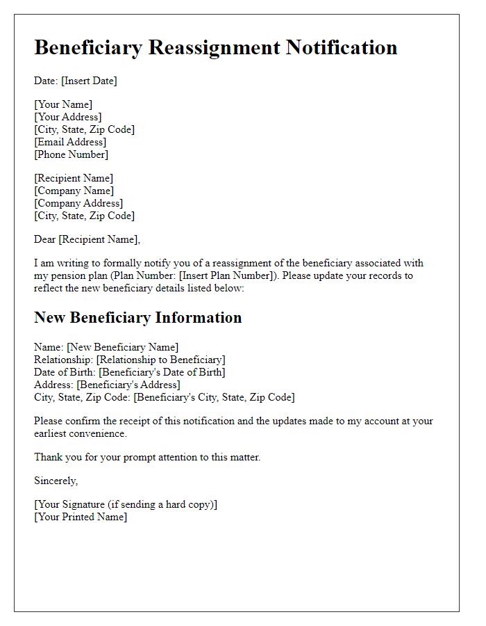 Letter template of beneficiary reassignment notification for pension plans.