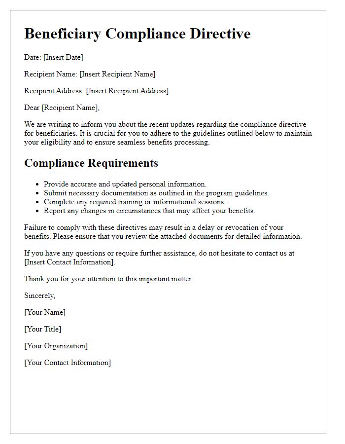 Letter template of beneficiary compliance directive.