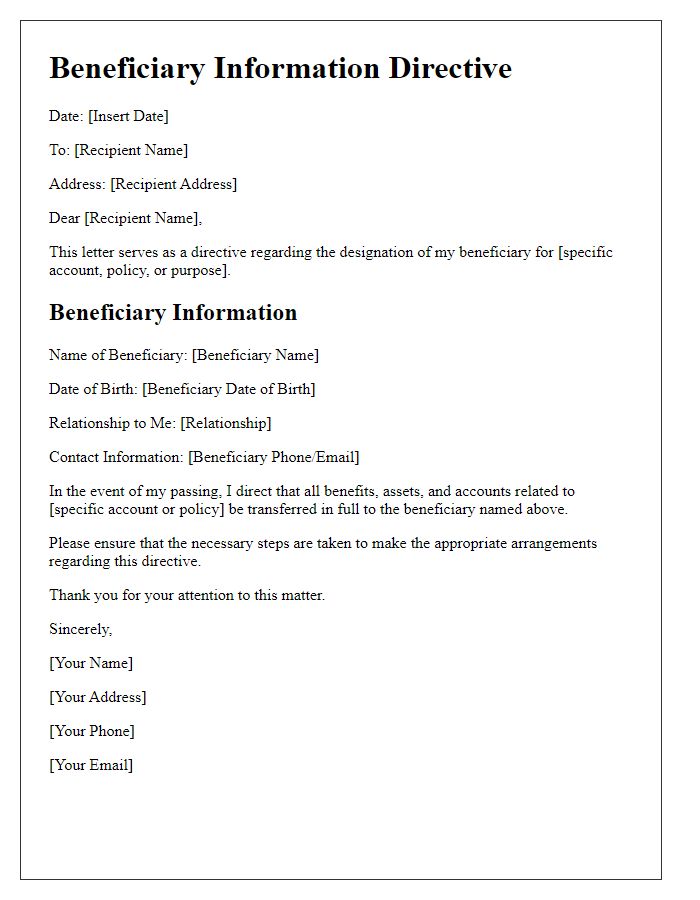 Letter template of beneficiary information directive.