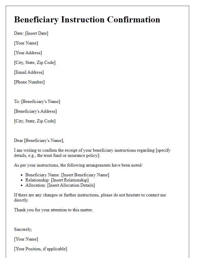 Letter template of beneficiary instruction confirmation.