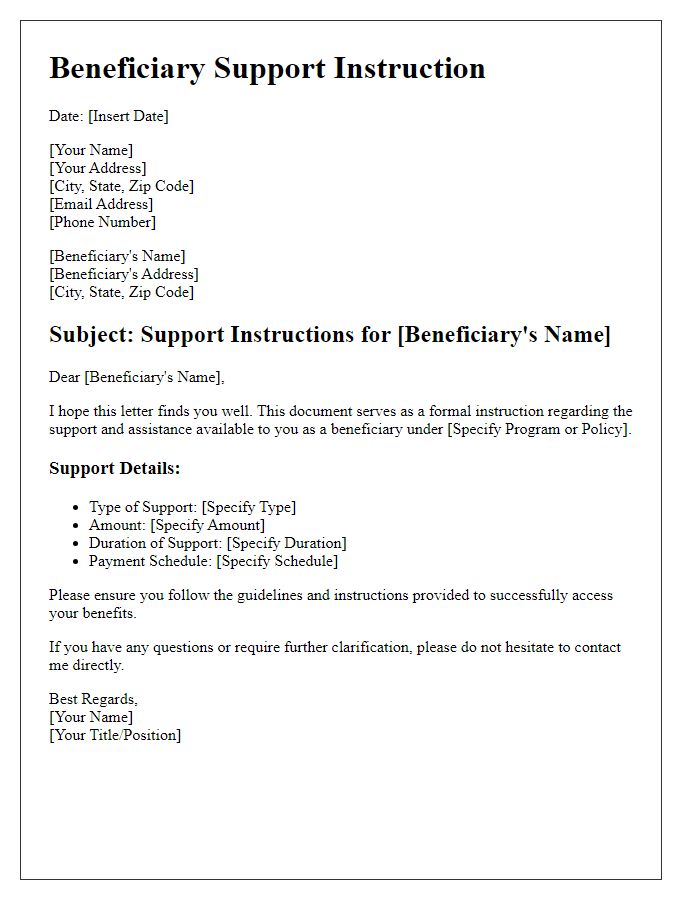 Letter template of beneficiary support instruction.