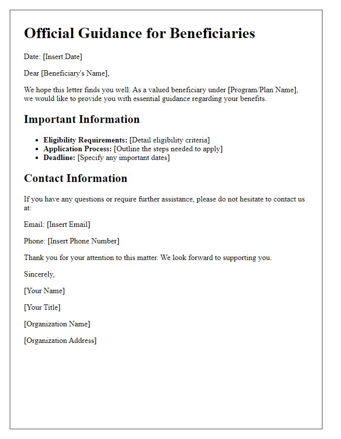 Letter template of official guidance for beneficiaries.