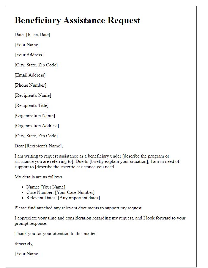 Letter template of beneficiary assistance request