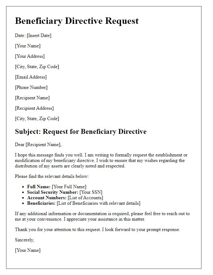 Letter template of beneficiary directive request