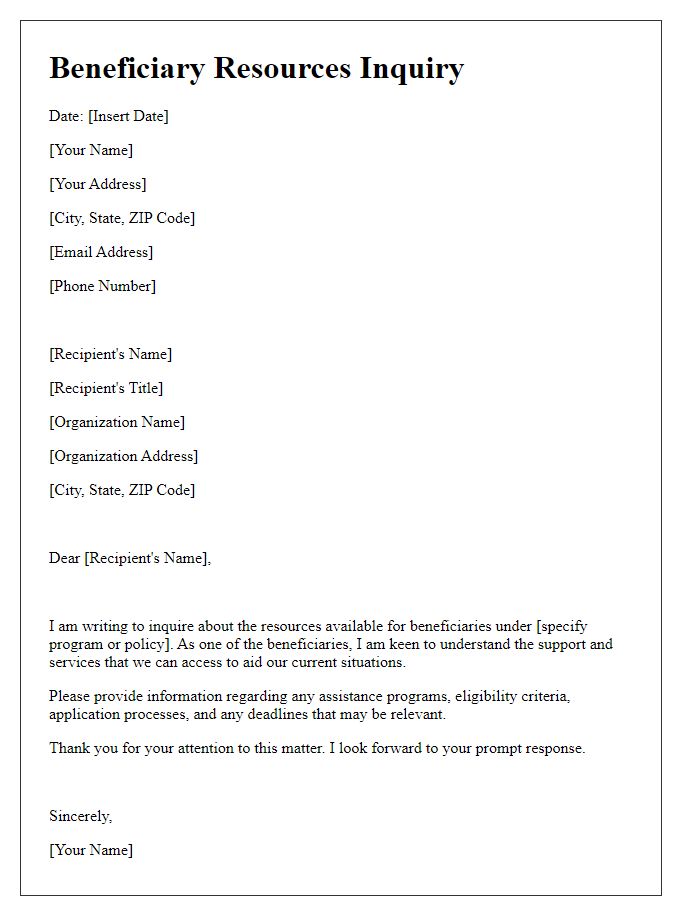 Letter template of beneficiary resources inquiry