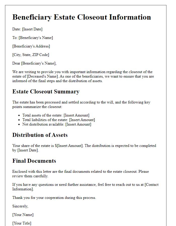 Letter template of beneficiary estate closeout information