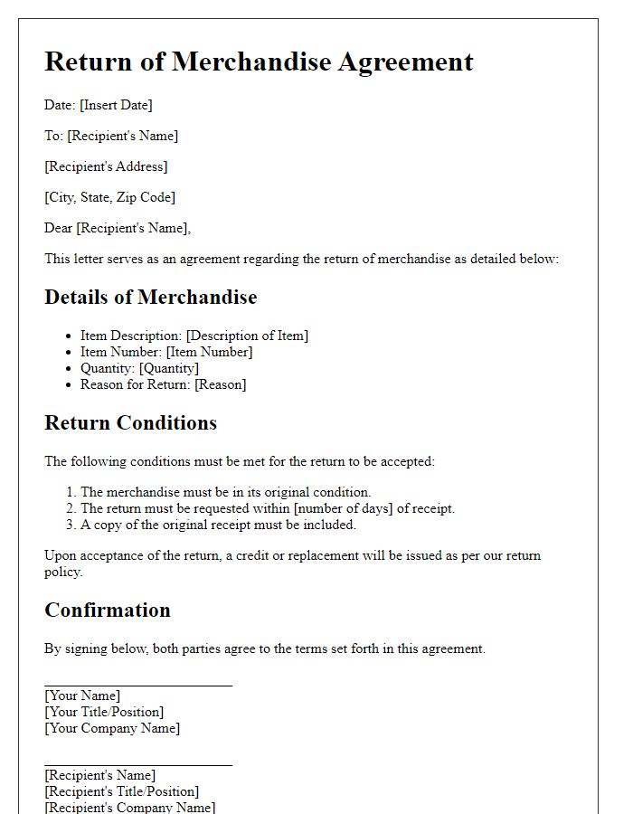 Letter template of agreement for return of merchandise.