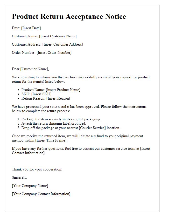 Letter template of product return acceptance notice.