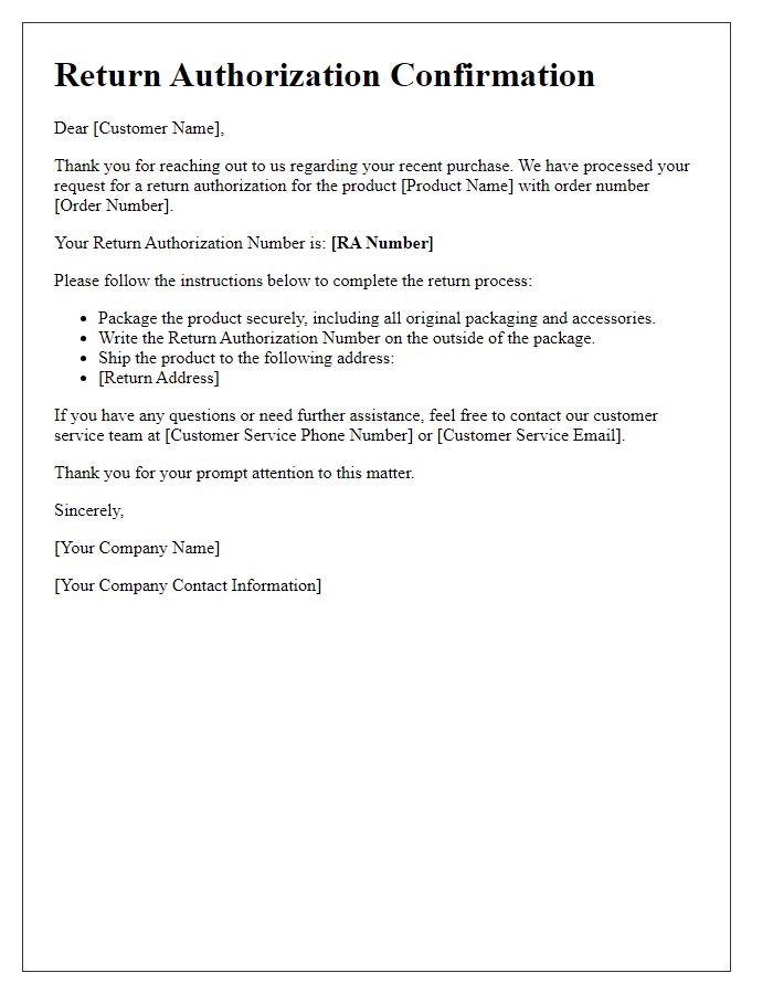 Letter template of product return authorization confirmation.