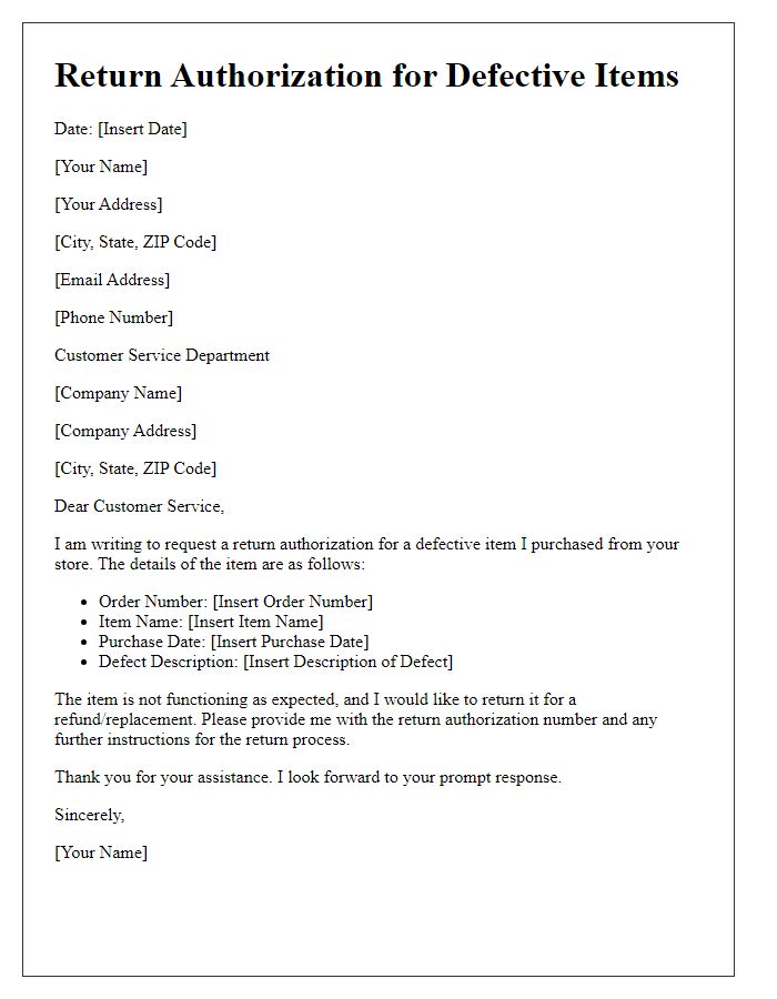 Letter template of return authorization for defective items.