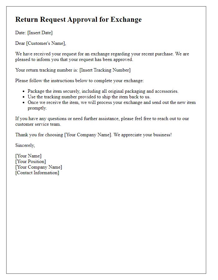 Letter template of return request approval for exchange.