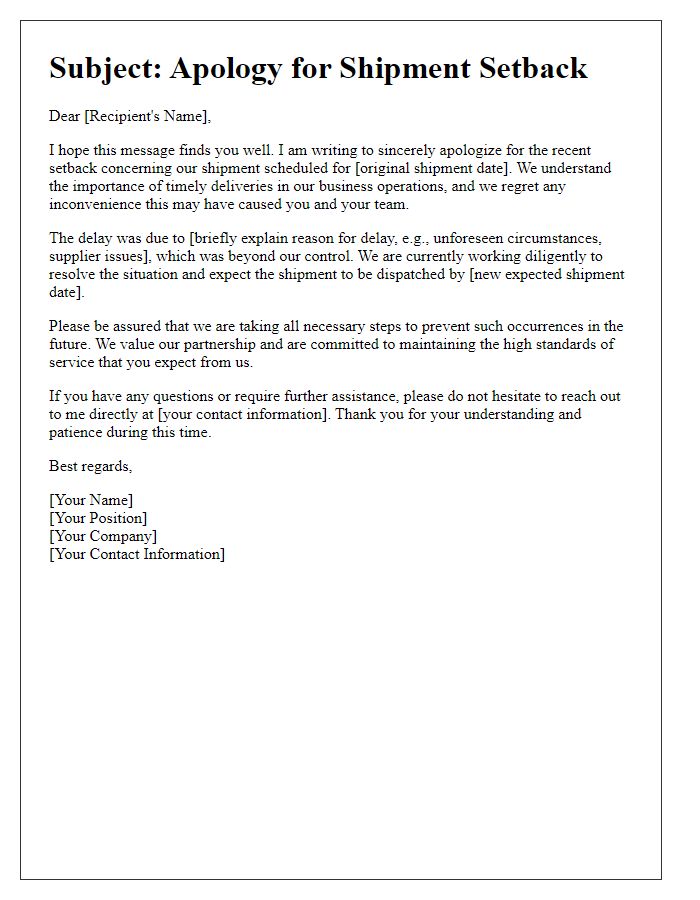 Letter template of shipment setback apology for business associates.