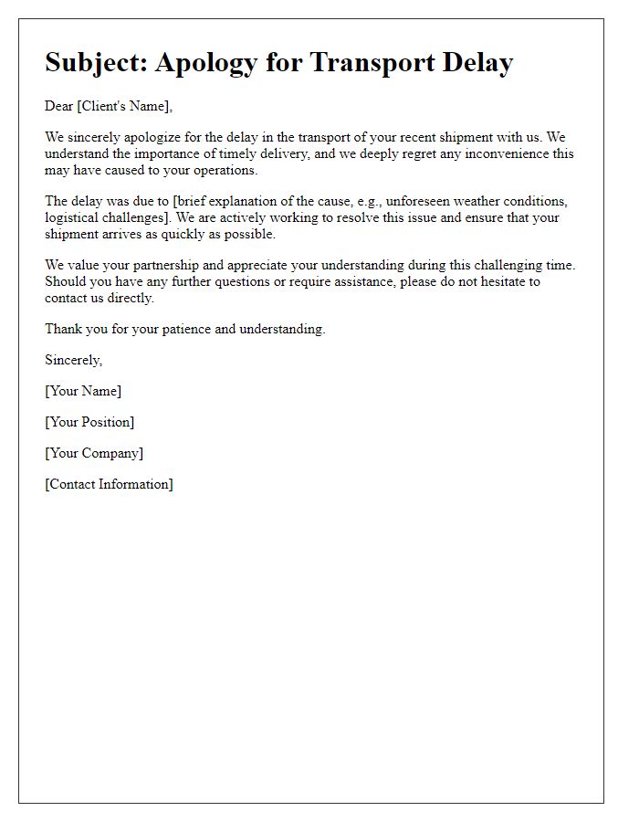 Letter template of transport delay apology for corporate clients.