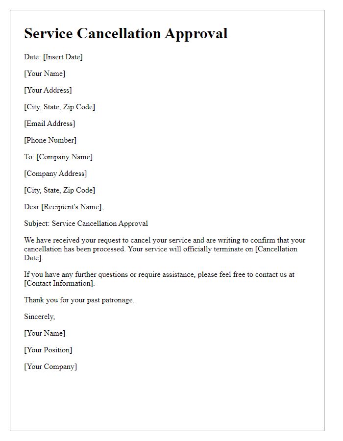 Letter template of service cancellation approval.