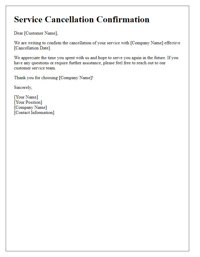 Letter template of service cancellation confirmation letter.