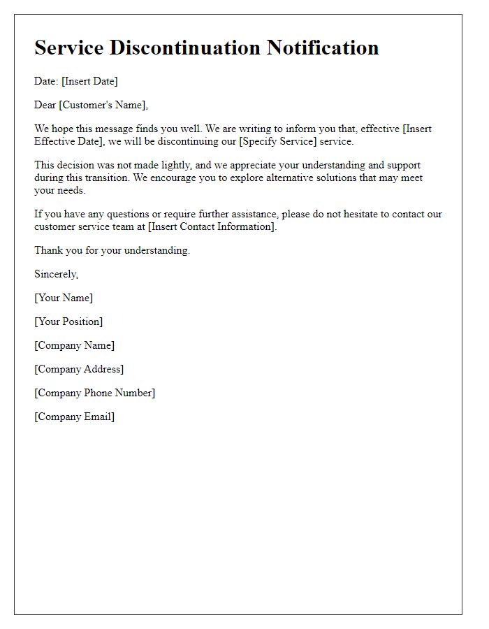 Letter template of service discontinuation notification.