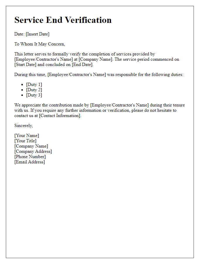 Letter template of service end verification.