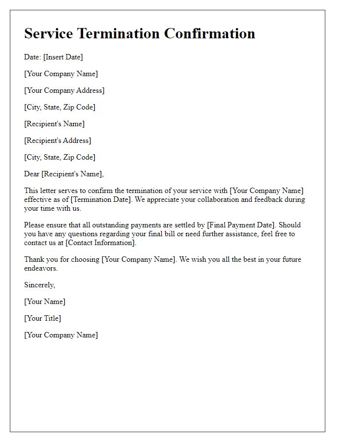 Letter template of service termination confirmation.