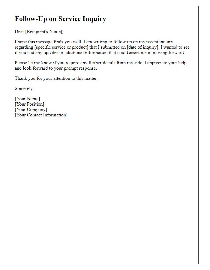 Letter template of follow-up on service inquiry