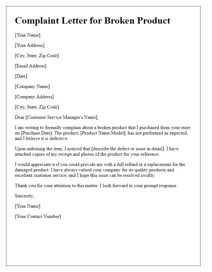 Letter template of complaint for broken product