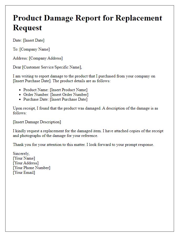 Letter template of product damage report for replacement request