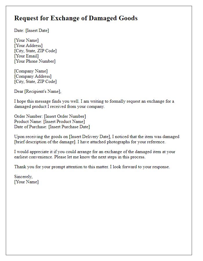 Letter template of request for exchange of damaged goods