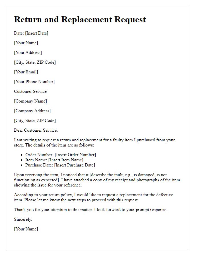 Letter template of return and replacement for faulty item