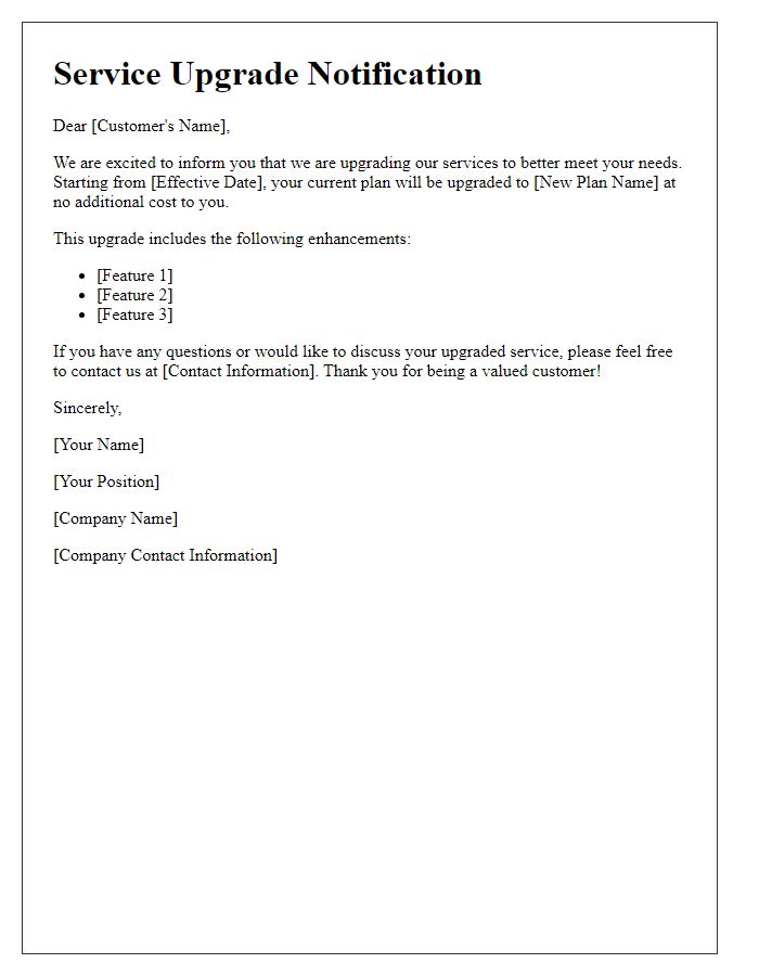 Letter template of customized service upgrade notification