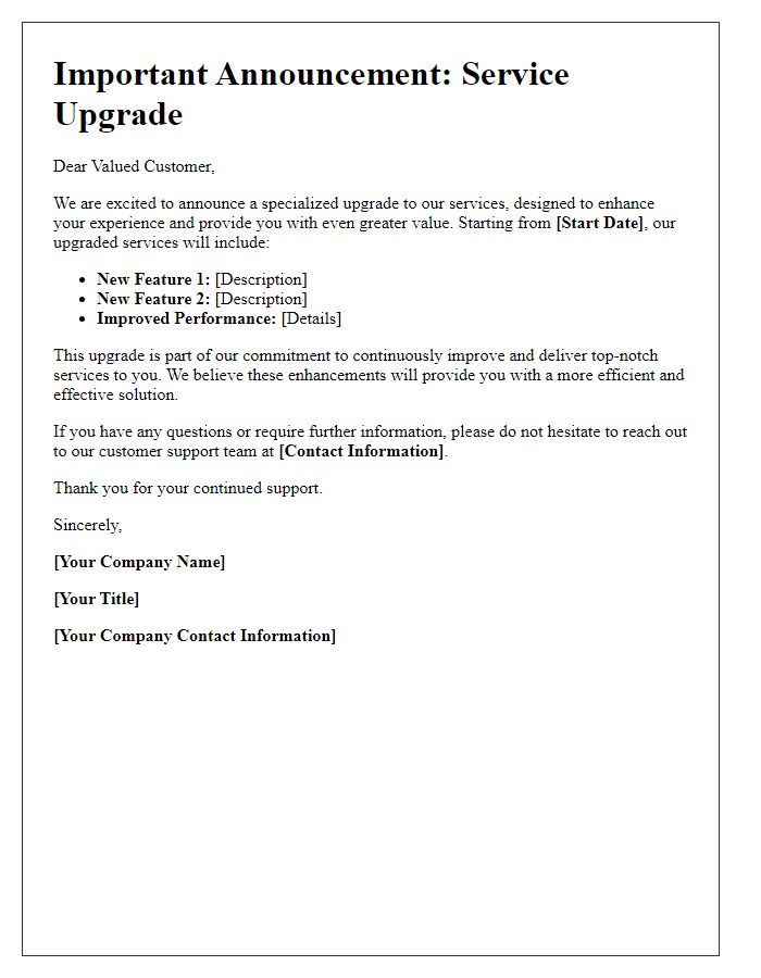 Letter template of specialized service upgrade announcement