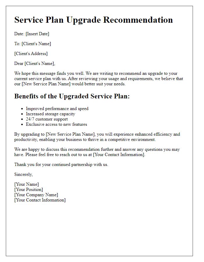 Letter template of upgraded service plan recommendation