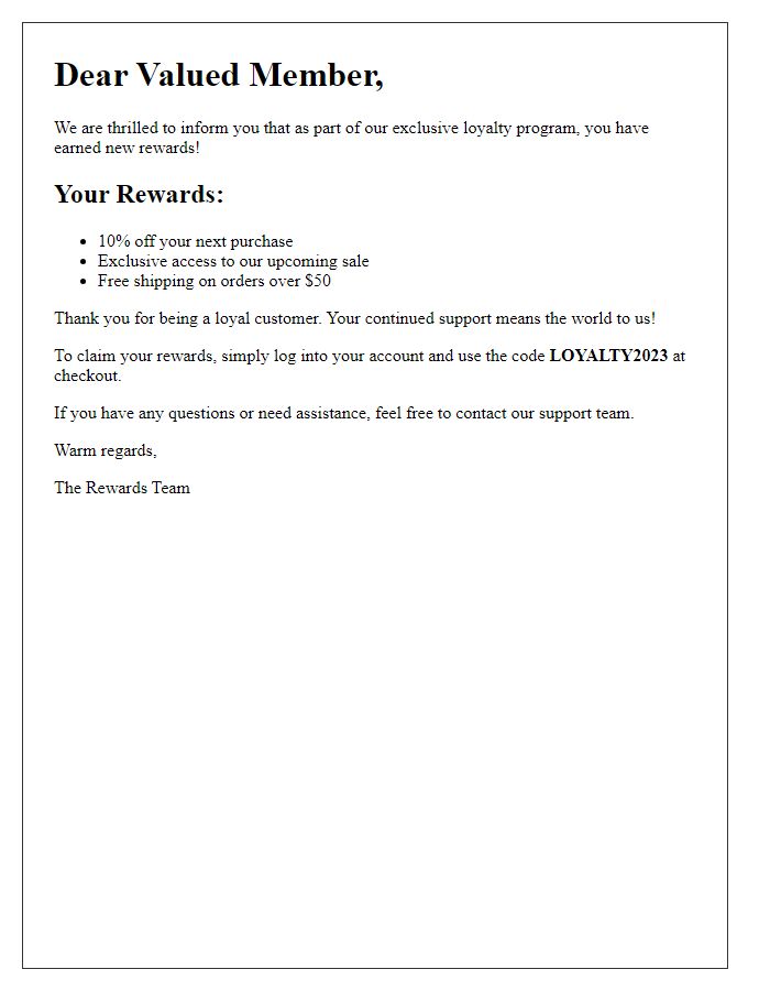 Letter template of exclusive loyalty rewards notification.