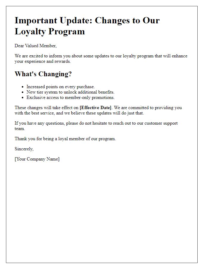 Letter template of loyalty program changes update.