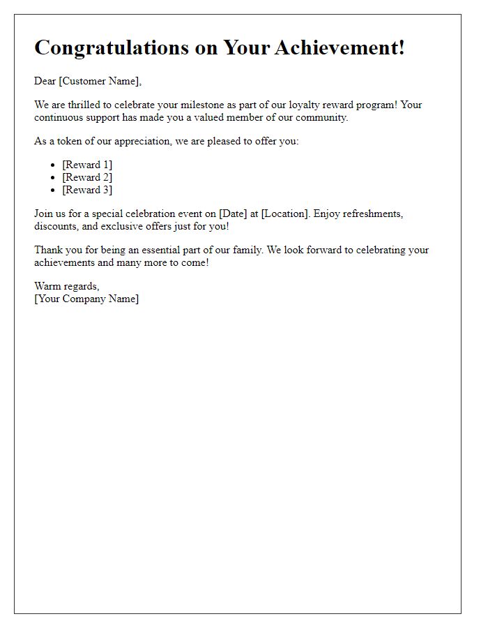 Letter template of loyalty reward milestones celebration.