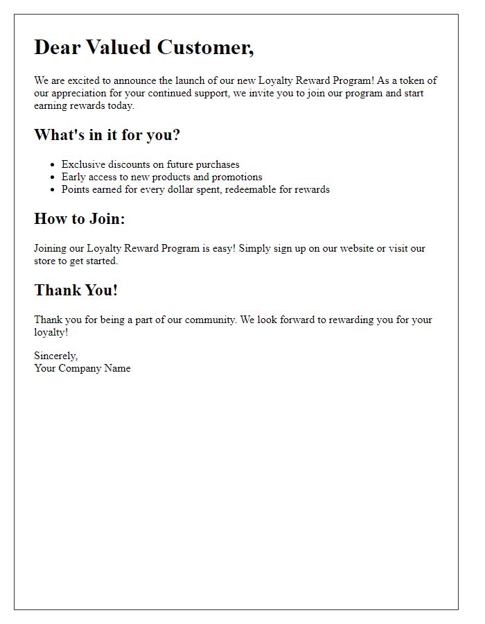 Letter template of loyalty reward program introduction.