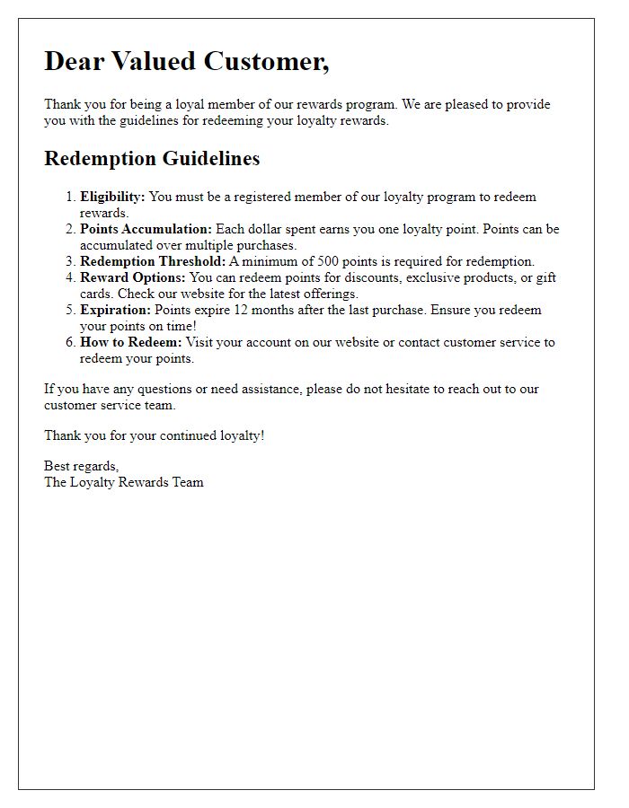 Letter template of loyalty reward redemption guidelines.