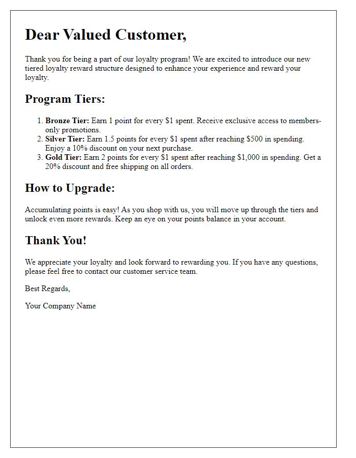 Letter template of tiered loyalty reward structure.