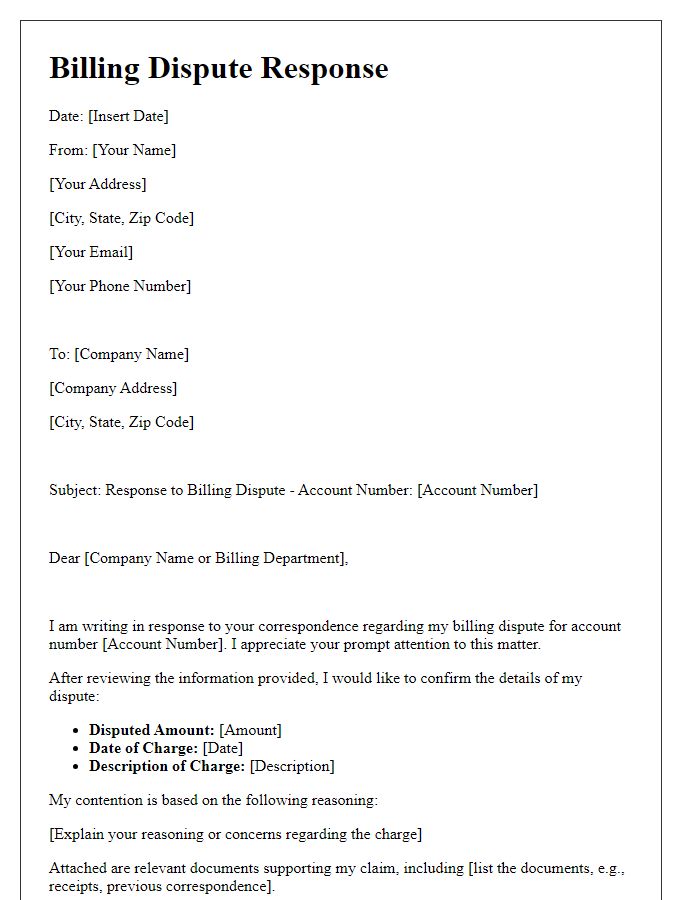 Letter template of Billing Dispute Response