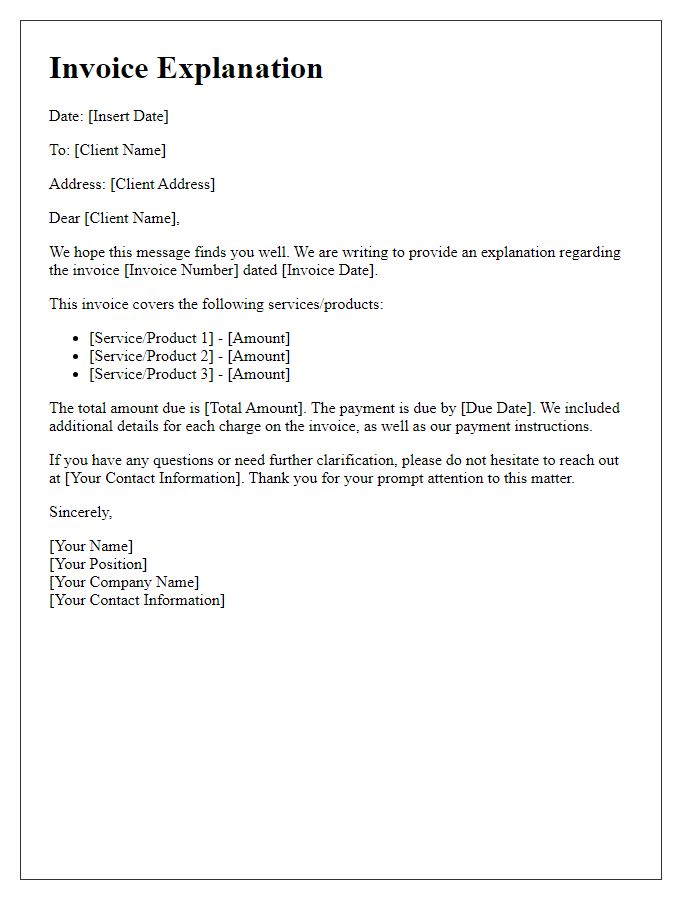 Letter template of Invoice Explanation