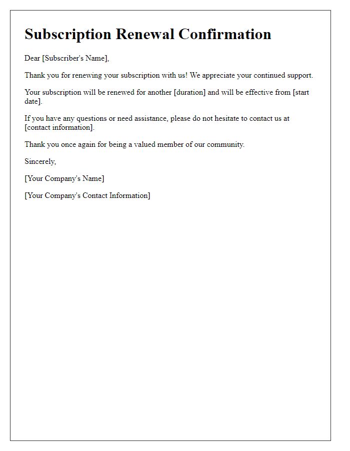 Letter template of subscription renewal confirmation