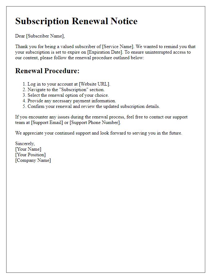 Letter template of subscription renewal procedure